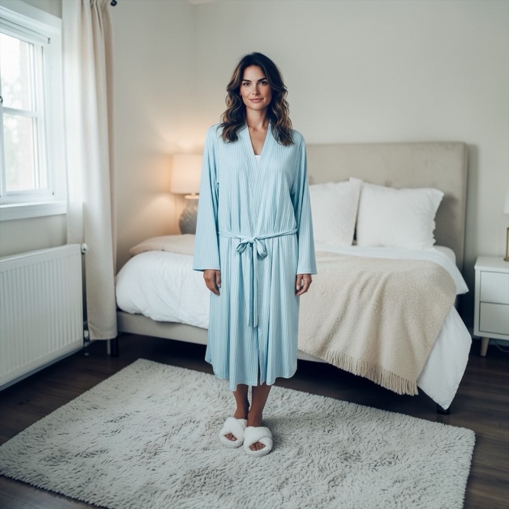 NEW, EKOUAER - Ribbed Long Robe – Light Blue – XL